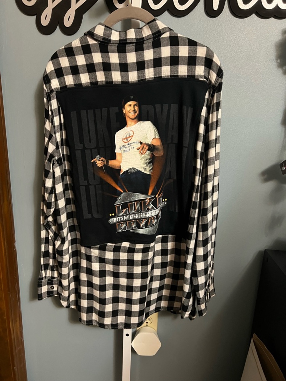 Luke Bryan Upcycled Graphic Tee on Black and White Plaid Shirt Handcrafted XL